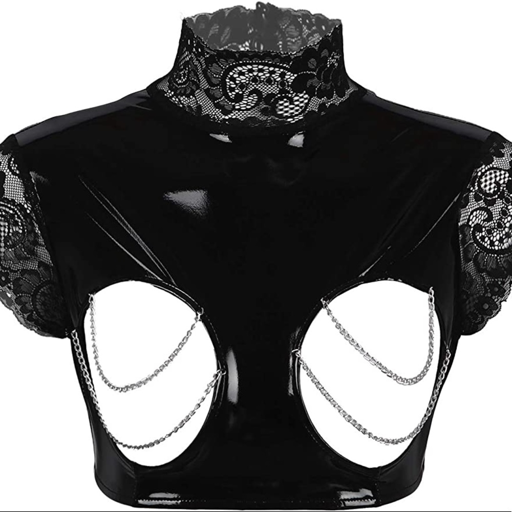Women's Latex Wet Look Faux Leather High Neck Sleeveless Open Bust Crop Tops
